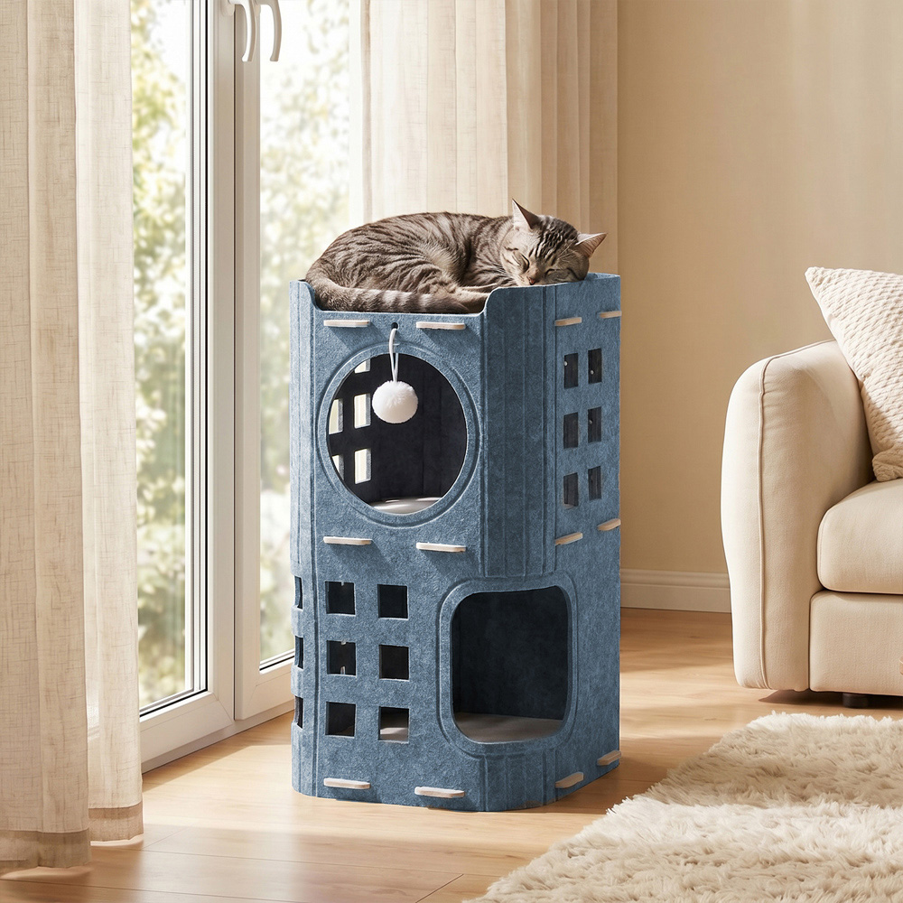 H&O Direct 2-Tier Grey Felt Cat House with Hanging Fluffy Ball Image 5