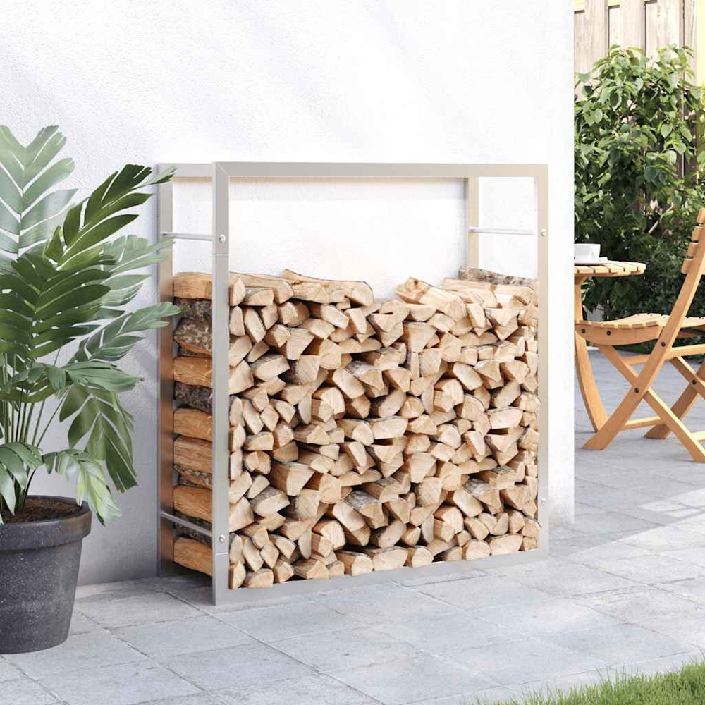 vidaXL Silver Stainless Steel Firewood Log Holder 86 x 80 x 28cm Image 2