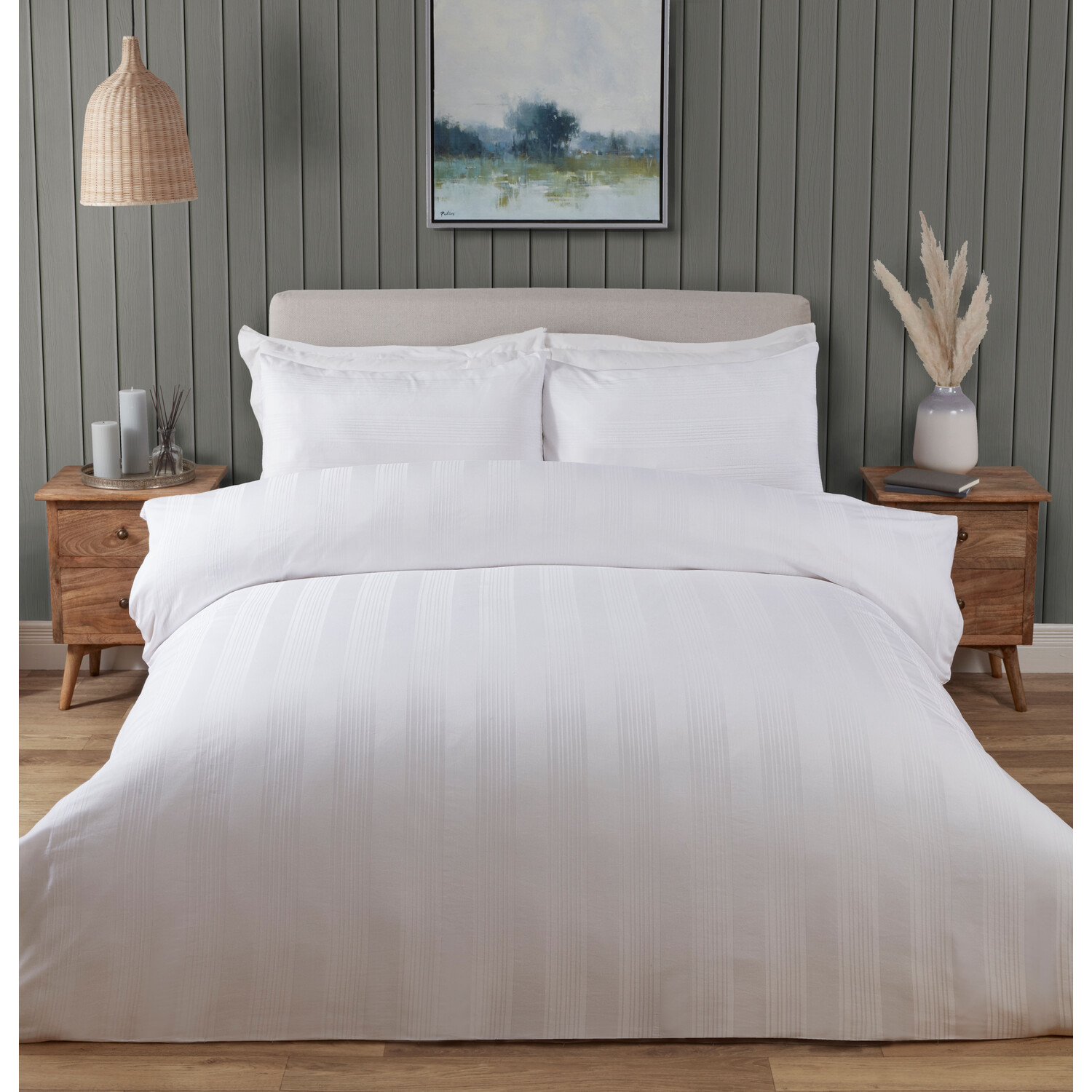 Islington Stripe Sateen Duvet Cover and Pillowcase Set - White / King Image 1