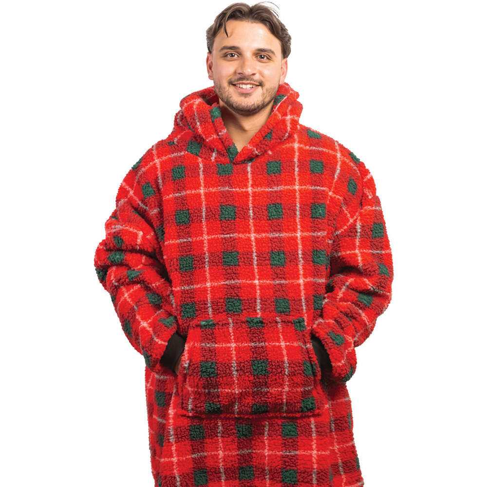 Adults Tartan Sherpa Hoodie Red Image 2
