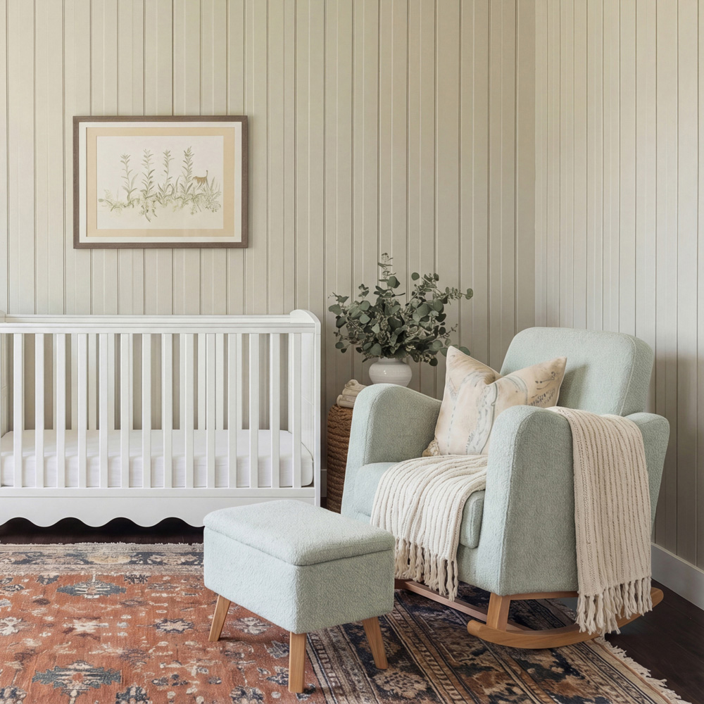 Bebe & Beyond Soother Sage Boucle Nursing Chair and Stool Image 8
