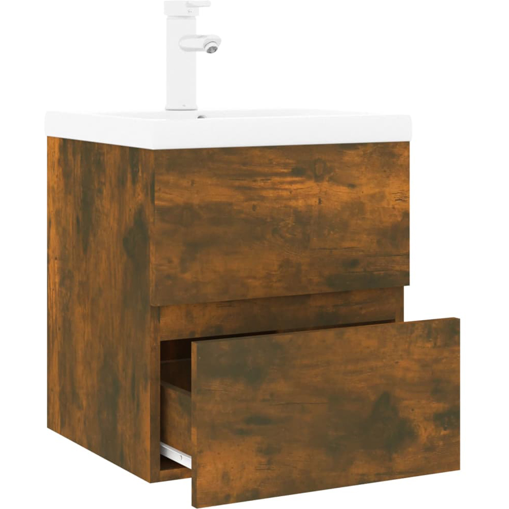 vidaXL Single Drawer Smoked Oak Wooden Wall-Mounted Sink Cabinet with Built-in Basin Image 4