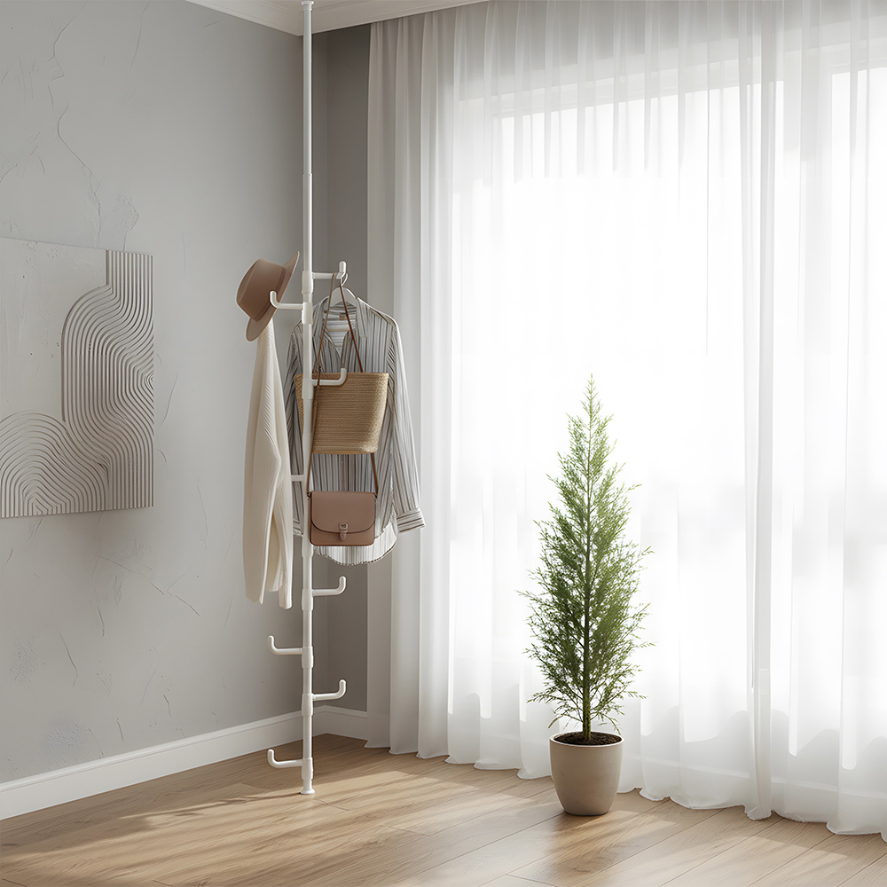 Living and Home White Adjustable Floor-to-Ceiling Coat Stand with 8 Hooks Image 2