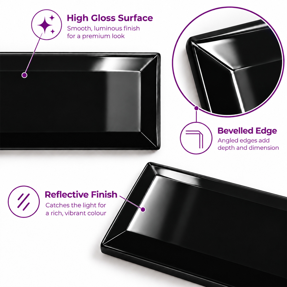 Go Bathrooms Metro Black Gloss Ceramic Wall Tile 100 x 200mm 50 Pack Image 5