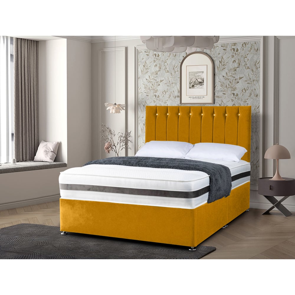 Eleganza Home Cocoon King Size Mustard Plush Velvet Divan Bed with Headboard Image 2