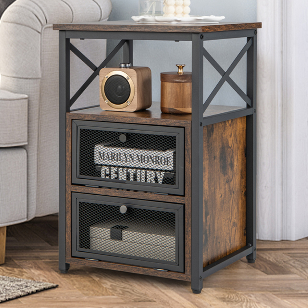 Costway 2 Drawer Single Shelf Rustic Brown Bedside Table Wilko