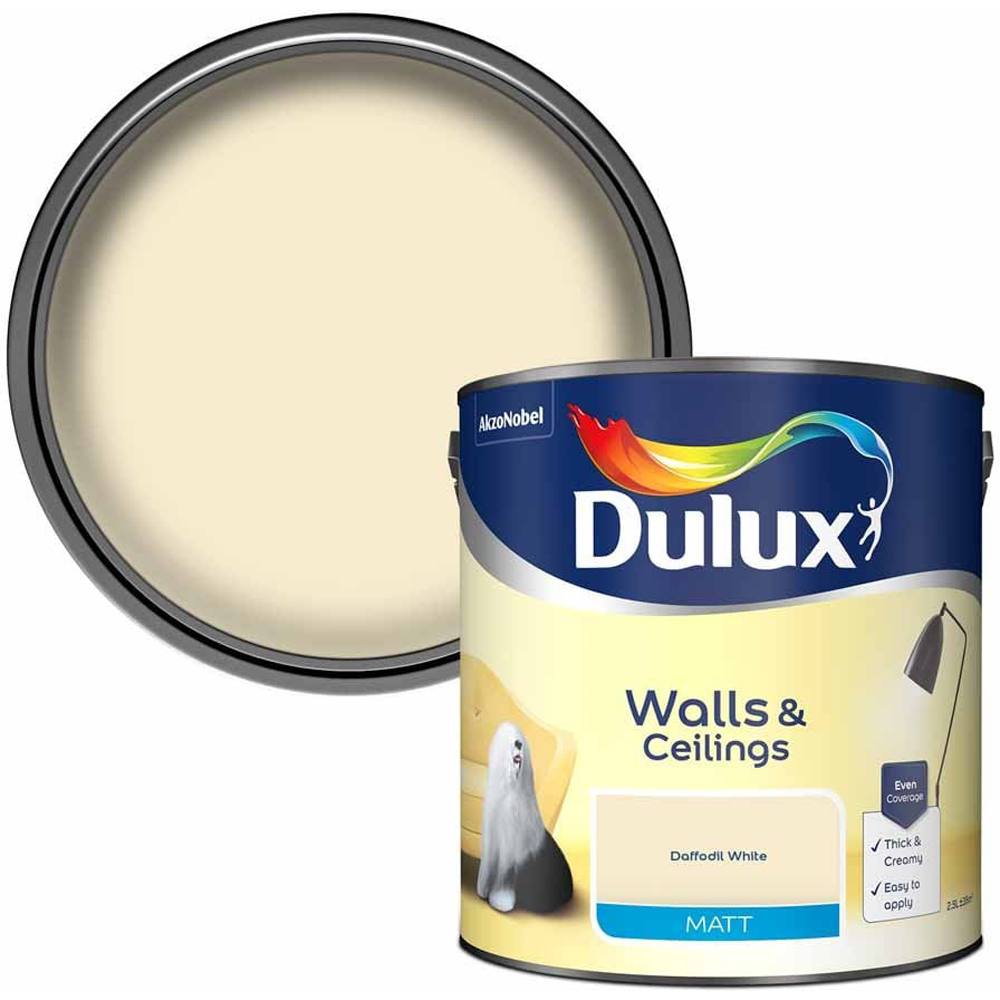 Dulux Walls & Ceilings Daffodil White Matt Emulsion Paint 2.5L Image 1