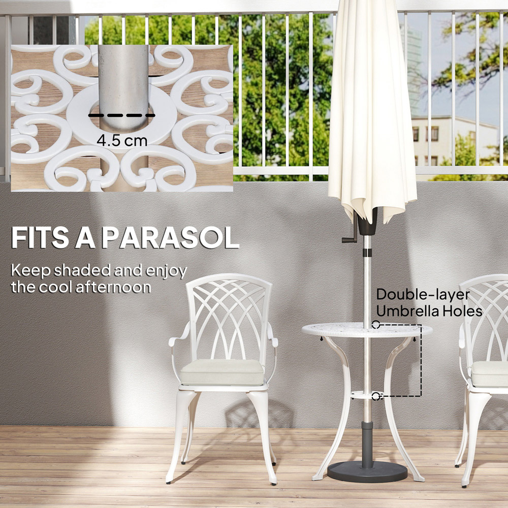 Outsunny 2 Seater White Aluminium Garden Bistro Set with Parasol Hole and Cushions Image 7