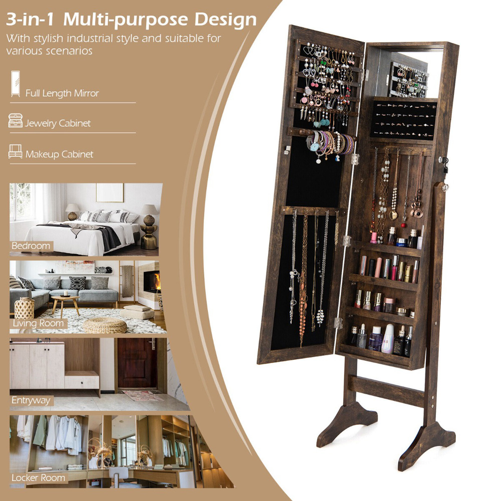 Costway Brown Freestanding Jewellery Cabinet with Full Length and Inner Mirror Image 6