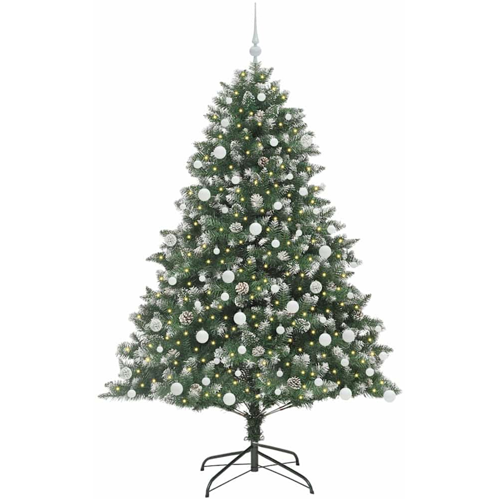 vidaXL Pre-Lit White Baubles Green Artificial Snow Tipped Christmas Tree 6ft Image 1