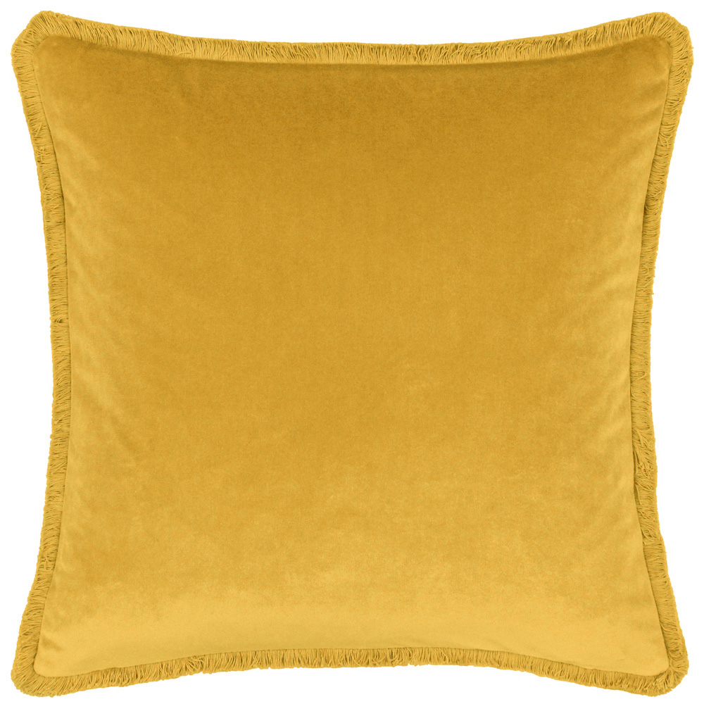 Paoletti Freya Ochre Velvet Fringed Cushion Image 1