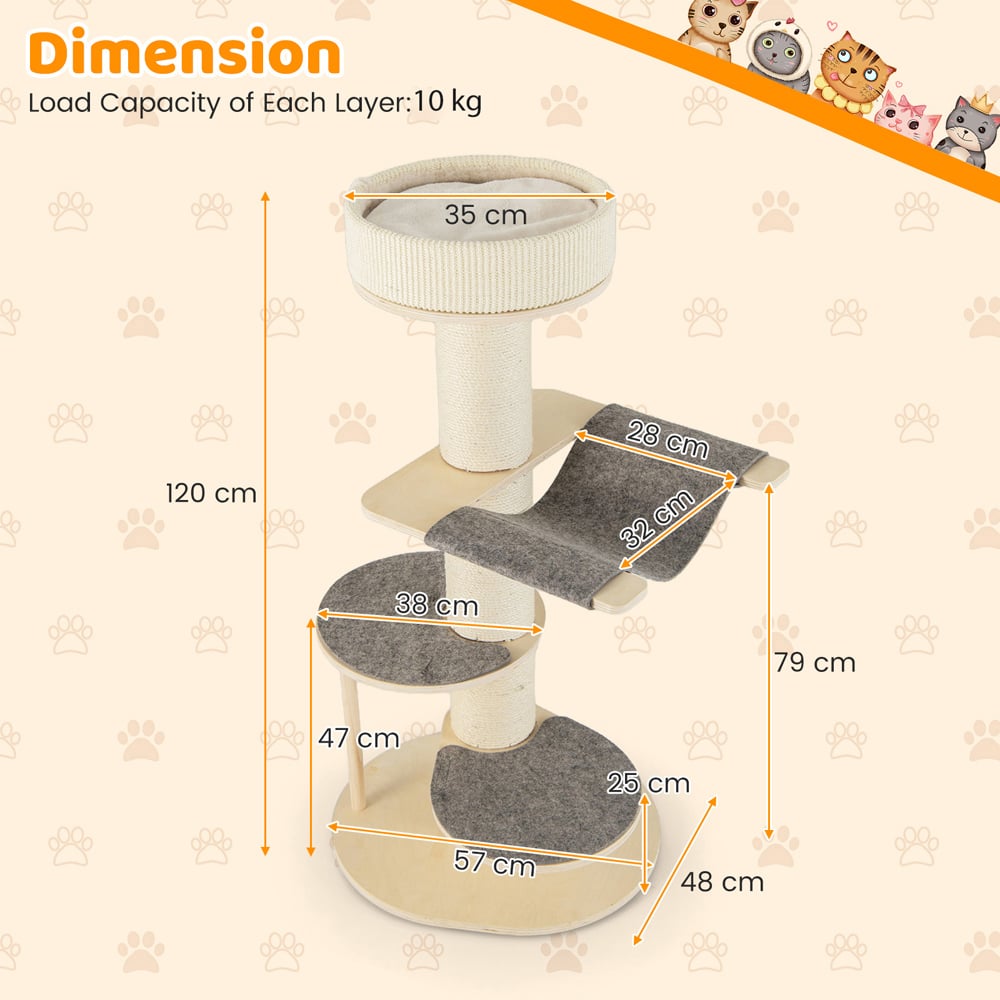 Costway Grey Multi Level Cat Tower with Sisal Covered Scratching Posts 120cm Image 9