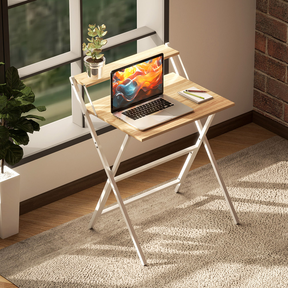 HOMCOM 2 Shelf Foldable Computer Desk Natural Image 8