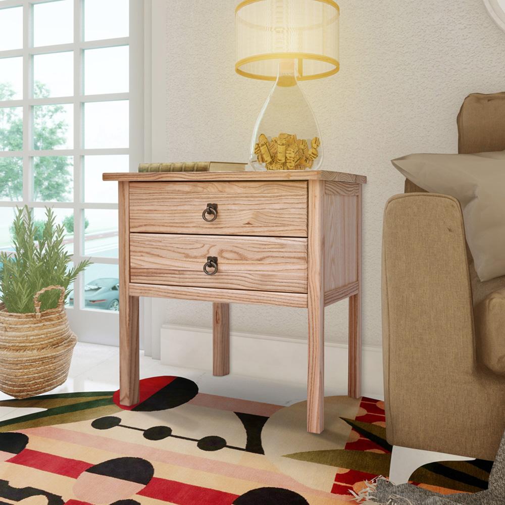 Montese 2 Drawer Light Wood Bedside Table with Ring Handle Image 8