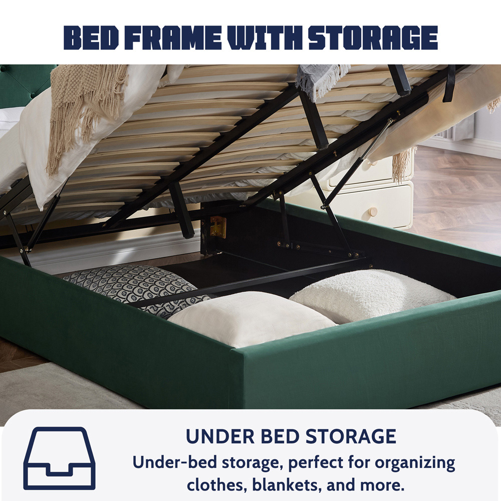Furniture One King Size Green Upholstered Platform Storage Bed Frame with Tufted Headboard Image 5