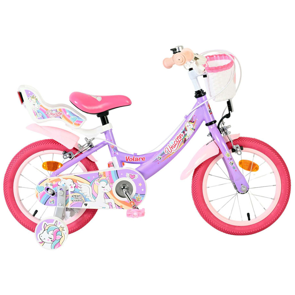 Volare Unicorn Kids 14 inch Purple and Pink Bike with Stabilisers Doll Seat and Basket Image 6