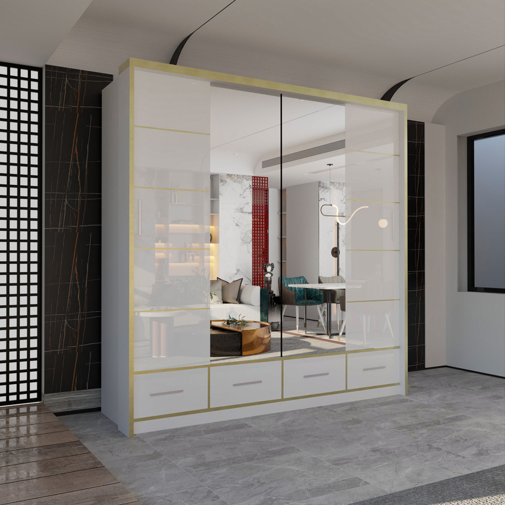 M N Furniture Silora 2 Door 4 Drawer White and Gold High Gloss Mirrored Sliding Wardrobe 203cm Image 4