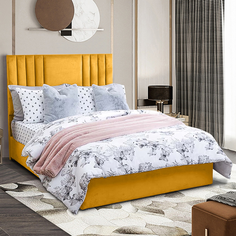 Eleganza Home Dreamer Small Double Mustard Plush Divan Bed with Lined Headboard Image 1
