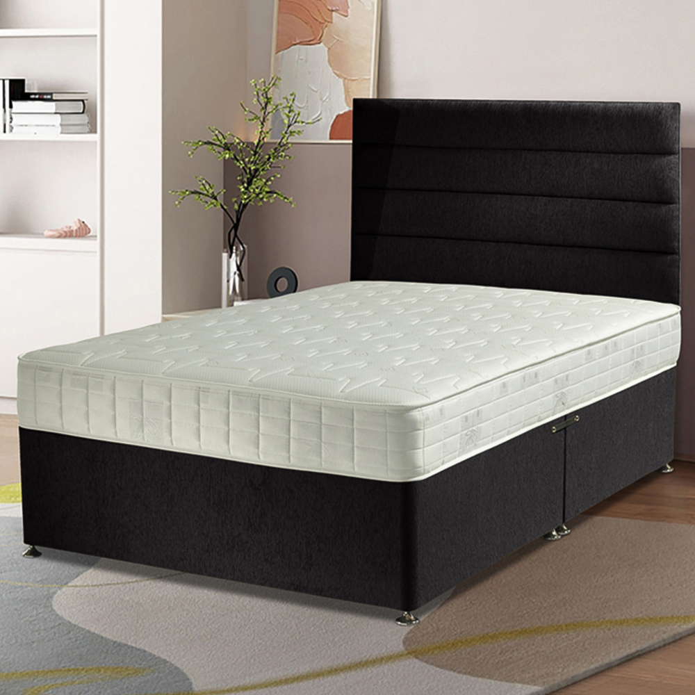 Eleganza Home Dozer Single Black Plush Velvet Divan Bed with Lined Headboard Image 1