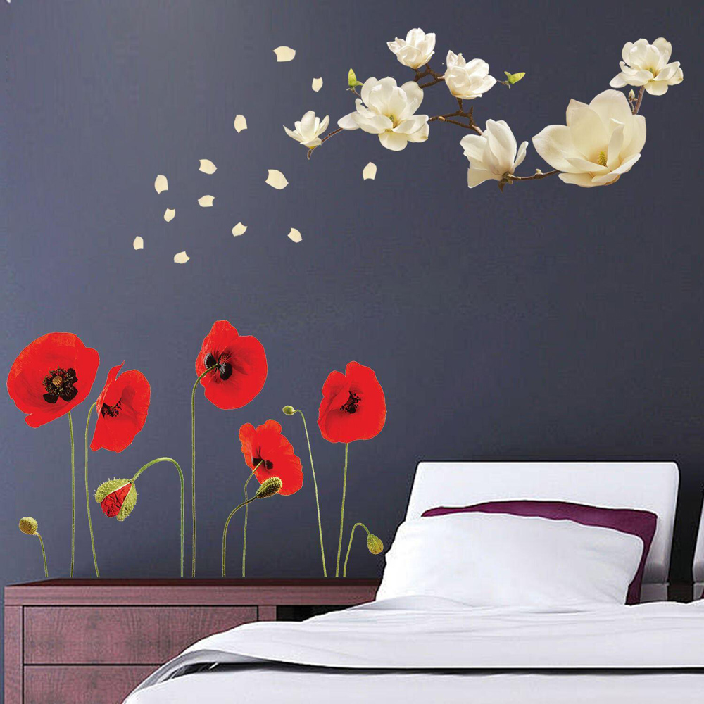 Walplus Flower Theme Magnolia and Poppe White Self Adhesive Wall Stickers Image 3