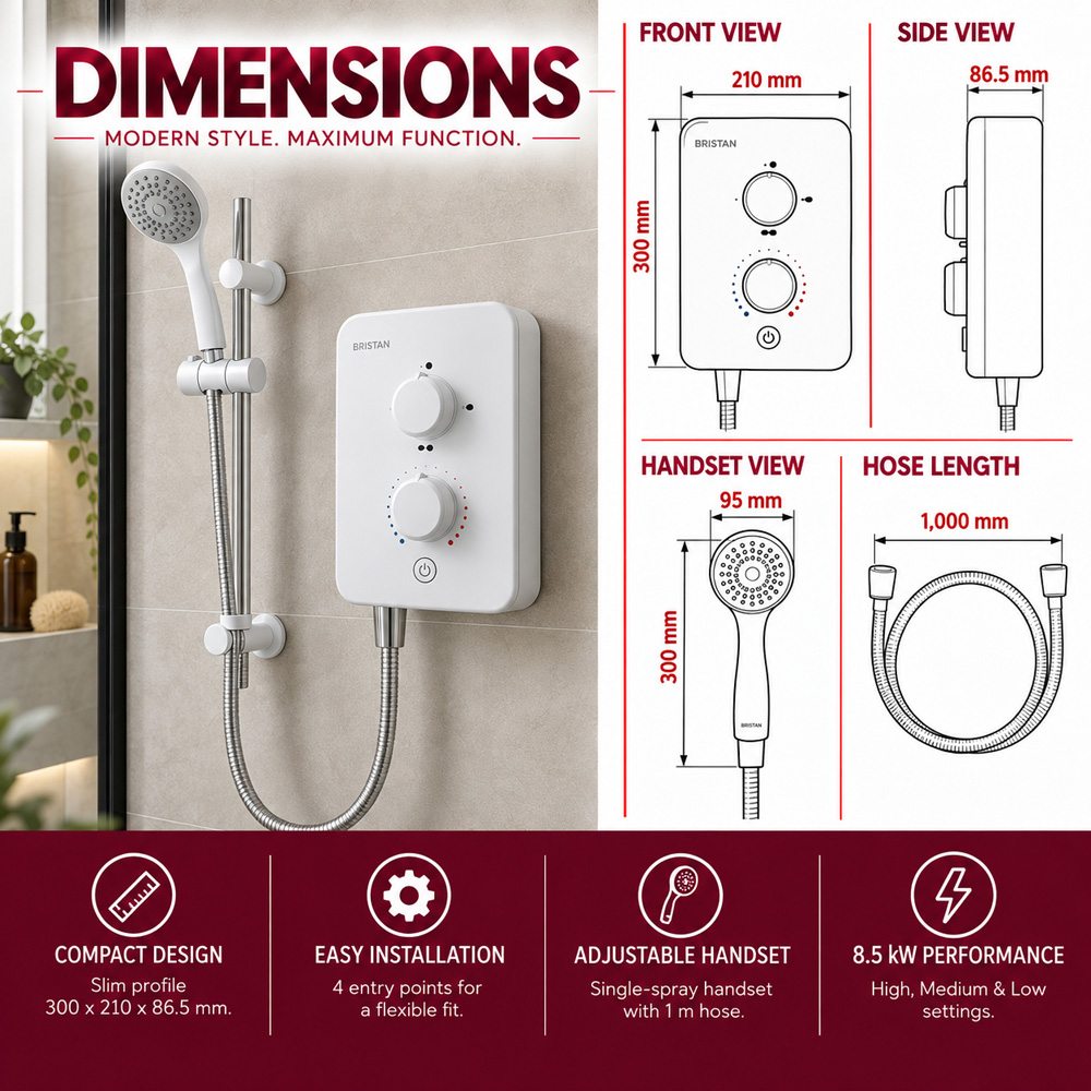 Go Bathrooms Gainsborough Polar White Slim Mono Electric Shower with 3 Power Settings 8500W Image 5
