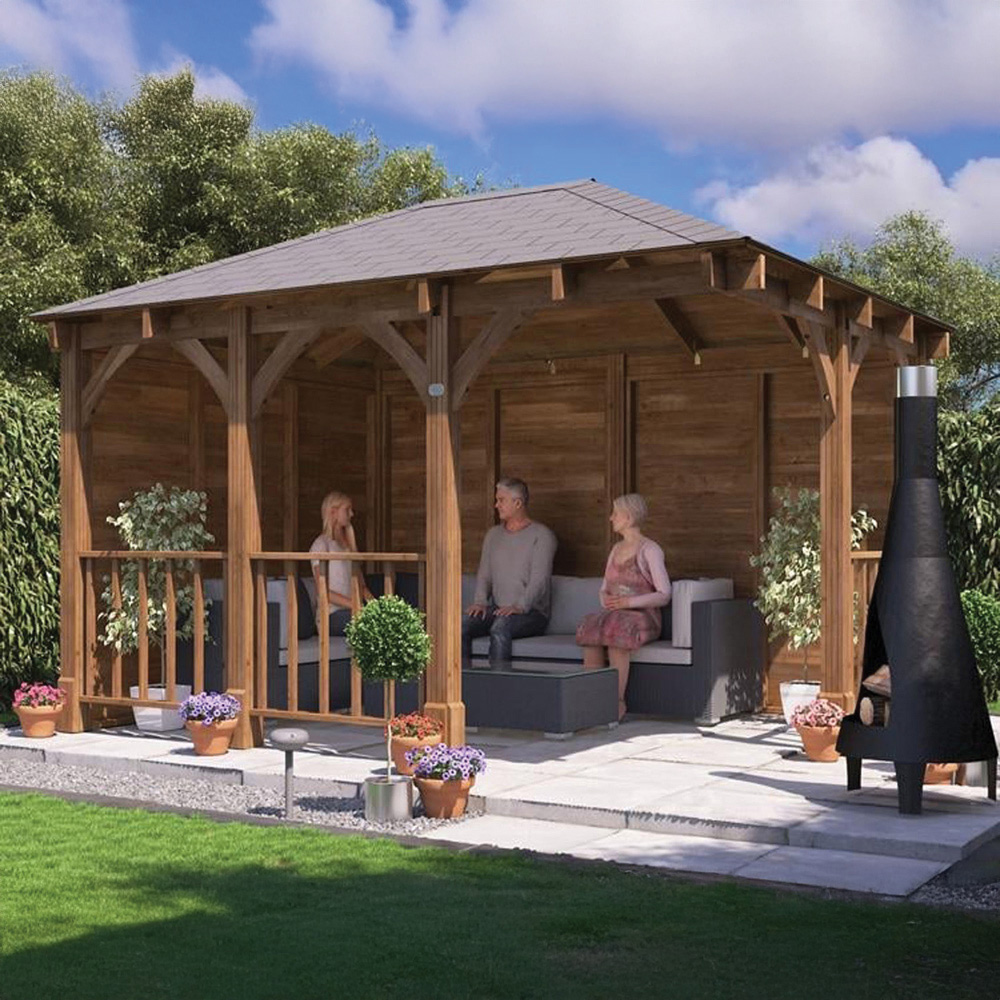 Dunster House Leviathan 4 x 3m Brown Corner Garden Gazebo with Wooden Roof Shingles Image 1
