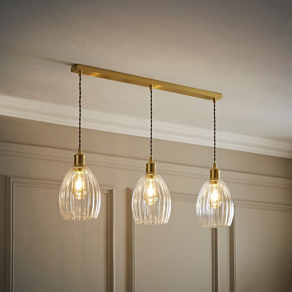 ValueLights Cheltenham Ribbed Shades Brushed Gold 3 Drop Bar Ceiling Light with Bulbs Image 6