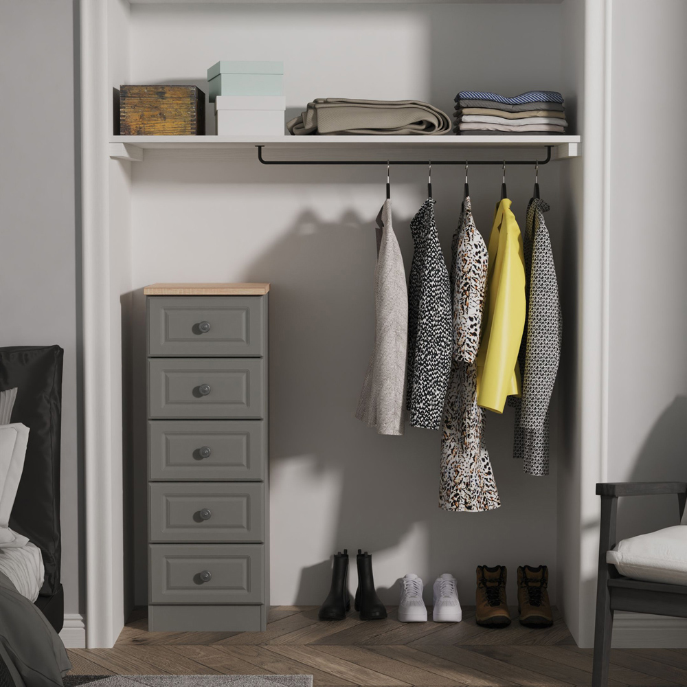 Crowndale Norfolk 5 Drawer Dusk Grey and Bardolino Oak Tall Bedside Cabinet Ready Assembled Image 7
