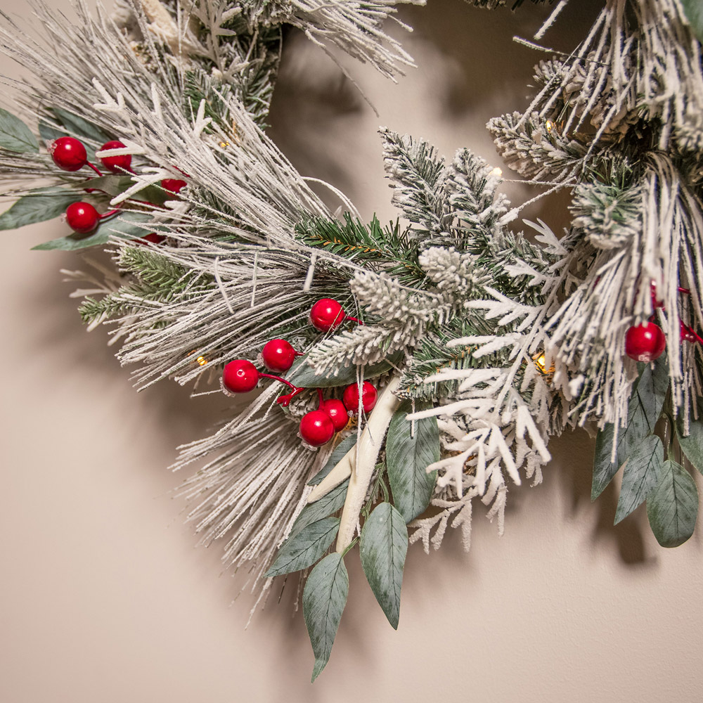 The Christmas Centre 50 Warm White LED Pre-Lit Jack Frost Wreath with Red Berries and Pinecones 66cm Image 3