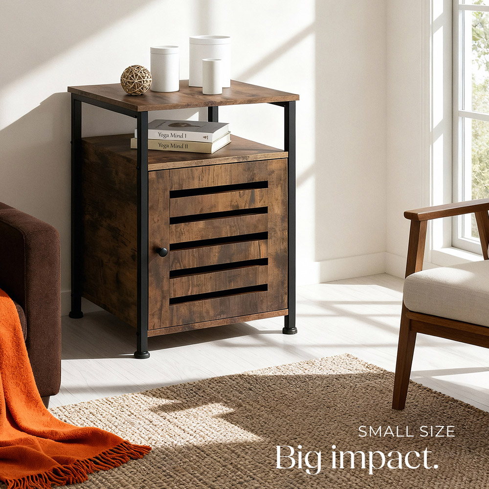 Tectake Cork Single Door Single Shelf Rustic Dark Wood Bedside Table Image 8