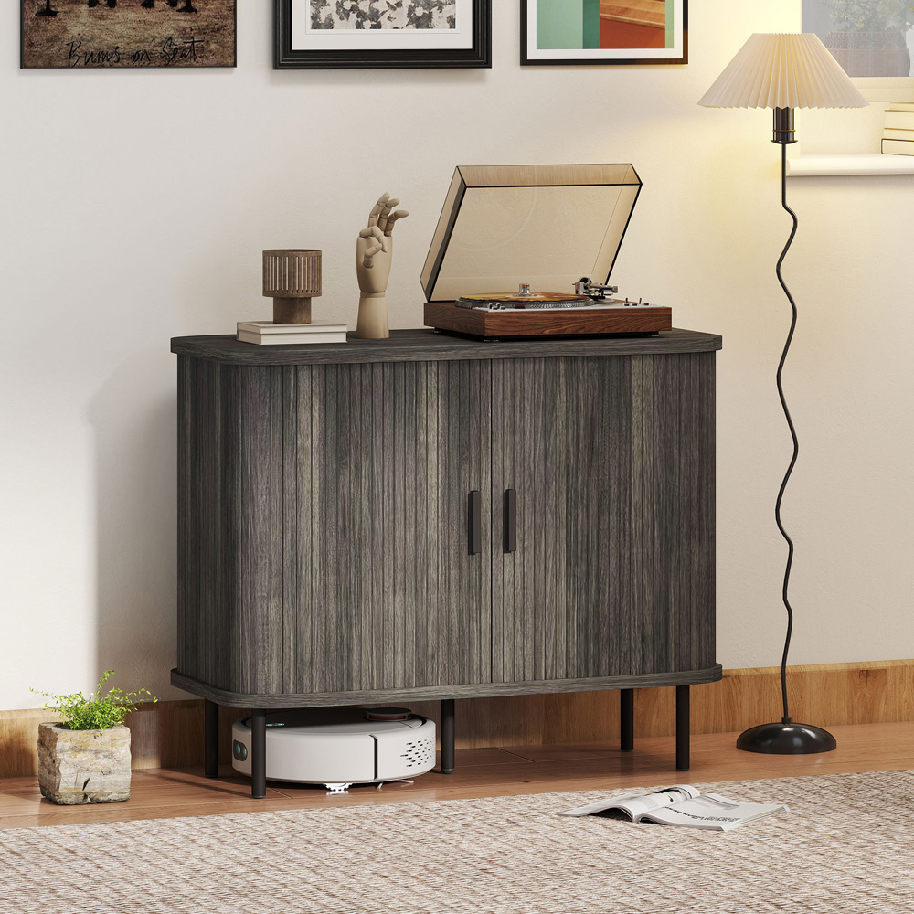 HOMCOM Grey Sideboard Storage Cabinet with Slatted Tambour Sliding Door Image 4