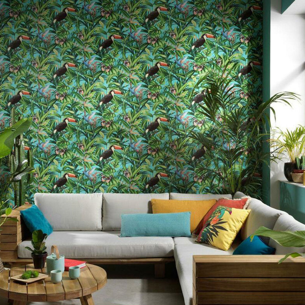 Galerie Amazonia Tropical Birds Green and Blue Wallpaper Image 2
