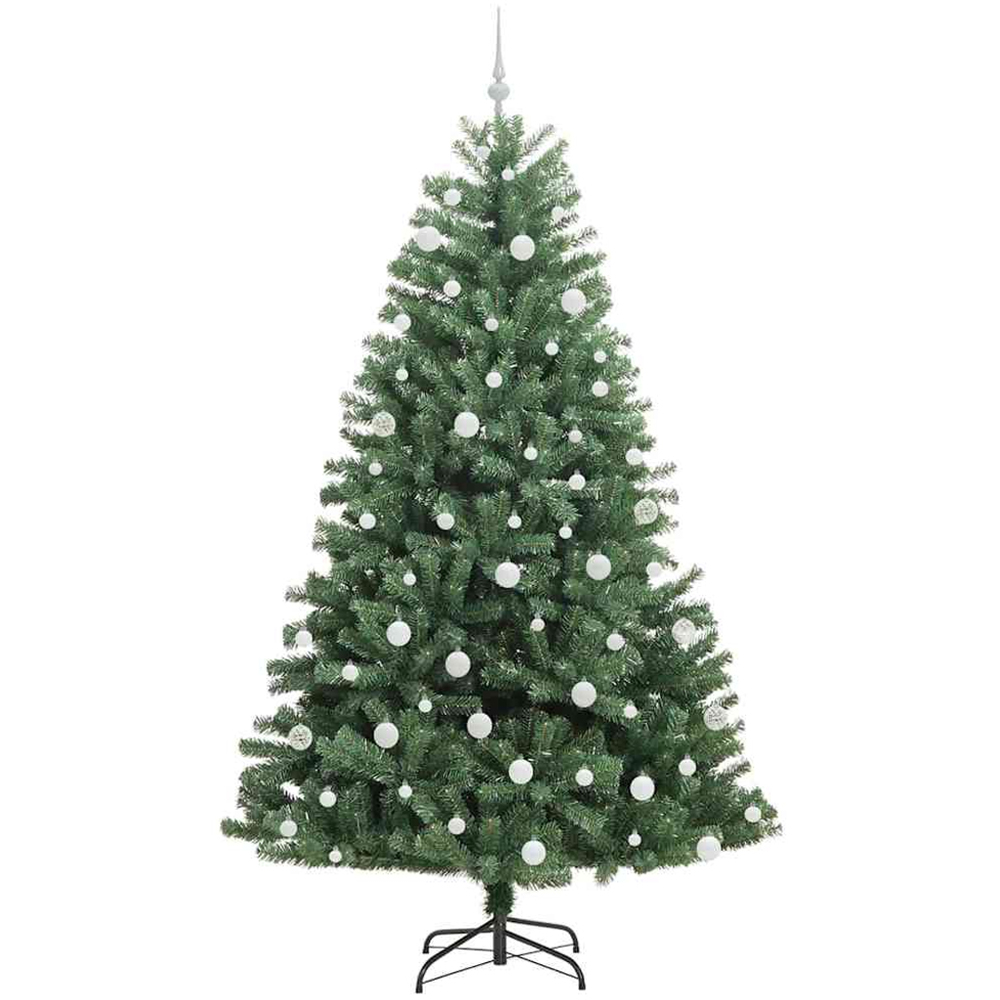 vidaXL Pre-Lit White Baubles Green Artificial Hinged Christmas Tree 7ft Image 4