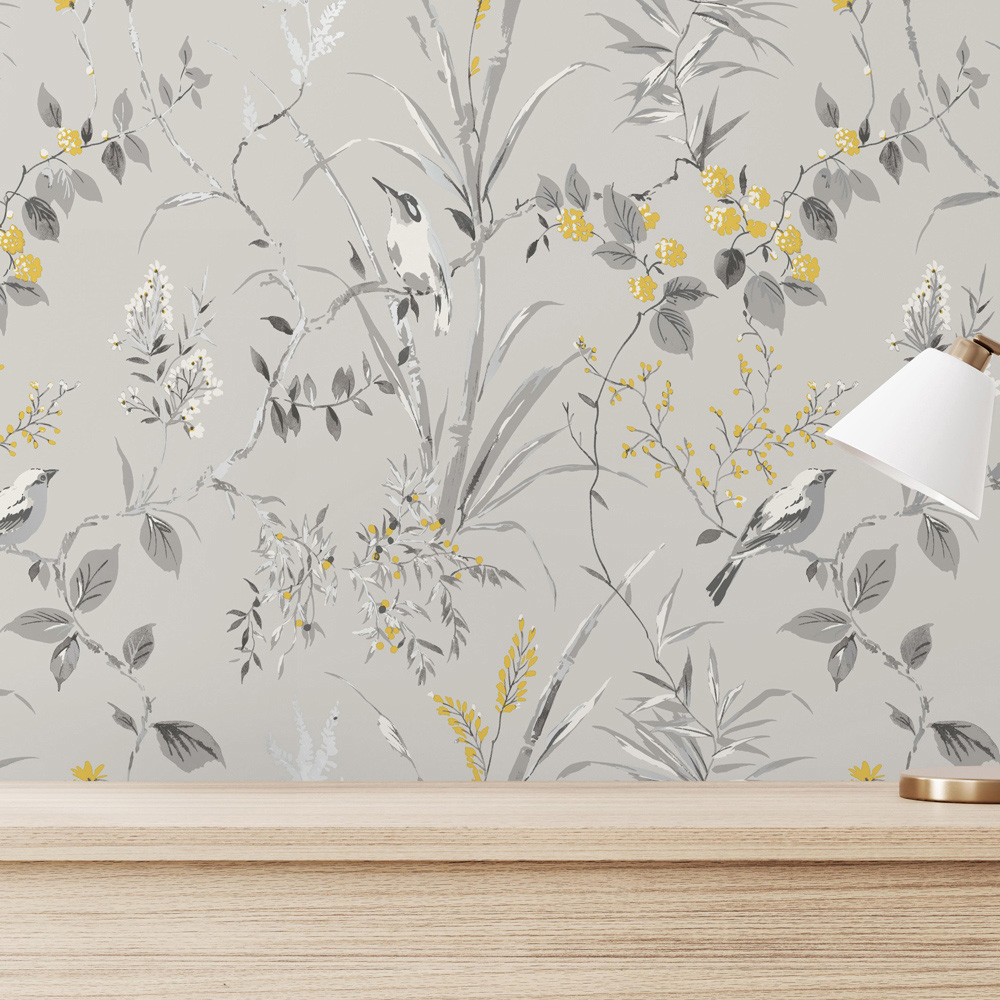 Crown Mariko Floral Grey and Yellow Wallpaper Image 5