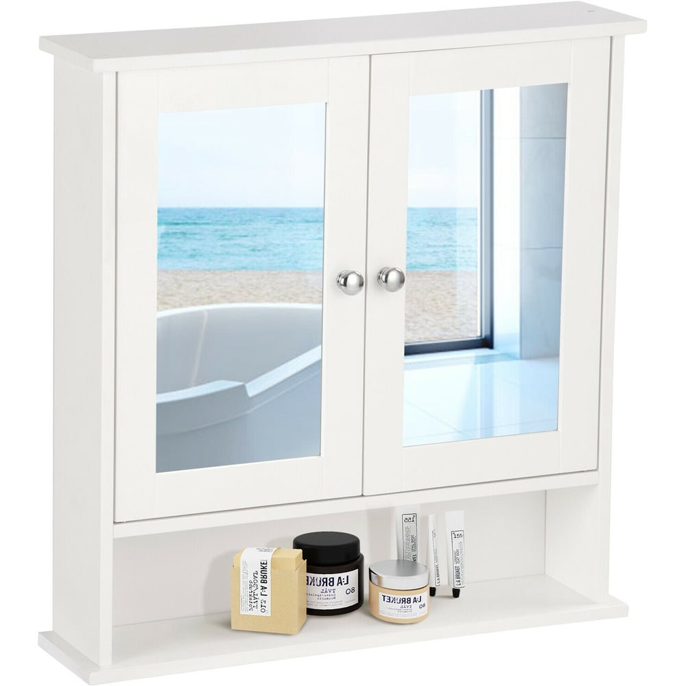 Costway White Adjustable Wooden Hanging Medicine Organizer with Mirror Image 2