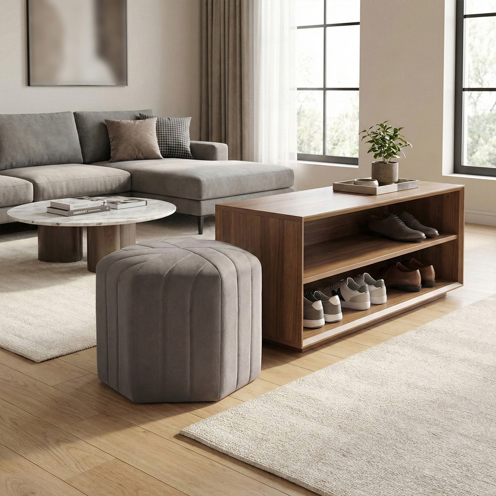 Living and Home Grey Minimal Hexagonal Velvet Footstool Ottoman with Stripes Image 8