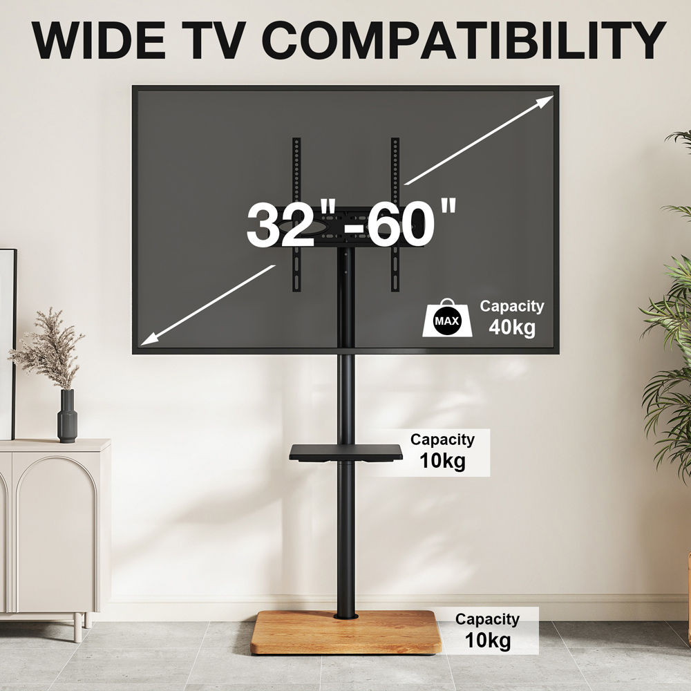 TTAP Black and Rectangular Oak Effect Base Single Shelf Floor Pedestal TV Stand Image 4