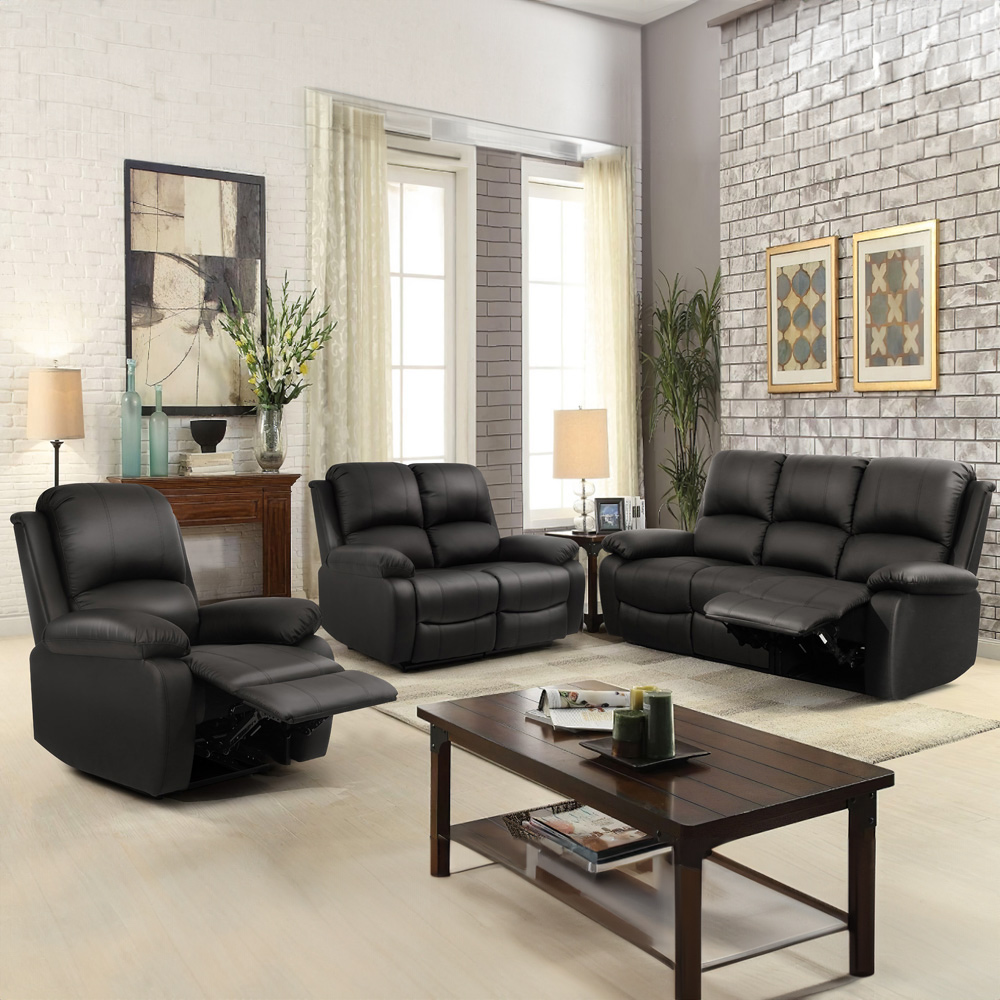 Brooklyn 3+2+1 Seater Black Bonded Leather Manual Recliner Sofa Set Image 1