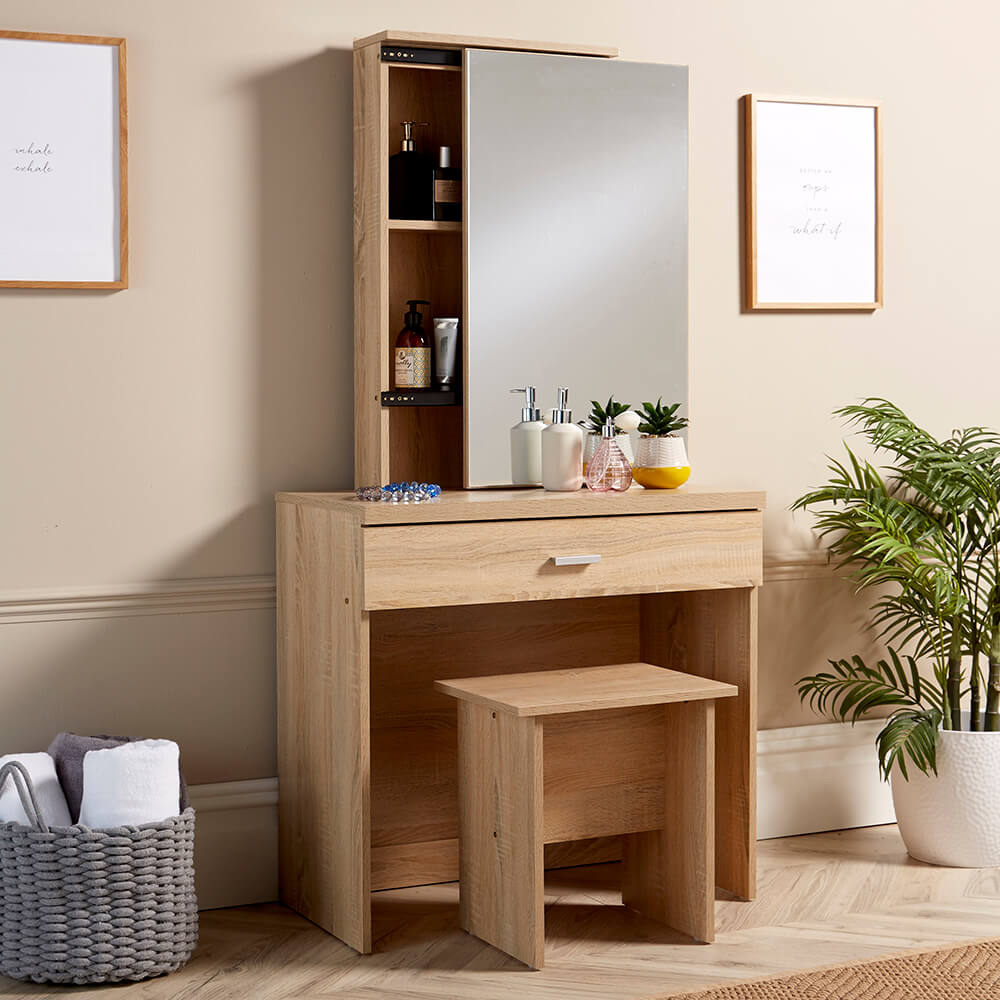 Home Source Berlin Single Drawer Oak Dressing Table Set with Sliding Vanity Mirror Image 7