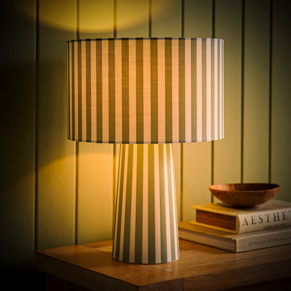 ValueLights Thorley Green and Cream Stripe Drum Shade Full Fabric LED Table Lamp Image 6