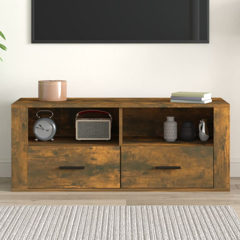 vidaXL 2 Drawer 2 Open Shelf Smoked Oak TV Cabinet with Handles Image 1