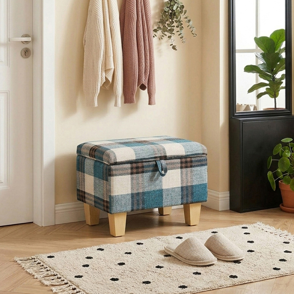 Living and Home Blue Tartan Linen Storage Ottoman Image 8