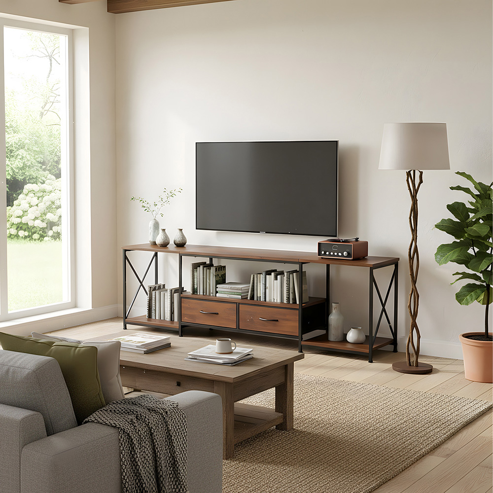 Living and Home 2 Fabric Drawer 3 Shelf Brown Industrial TV Stand Image 8