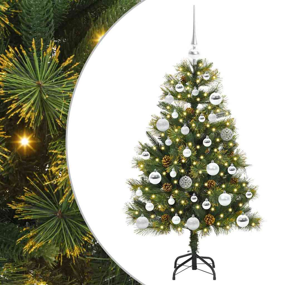 vidaXL Pre-Lit Silver Baubles and Pinecones Green Artificial Christmas Tree 4ft Image 2