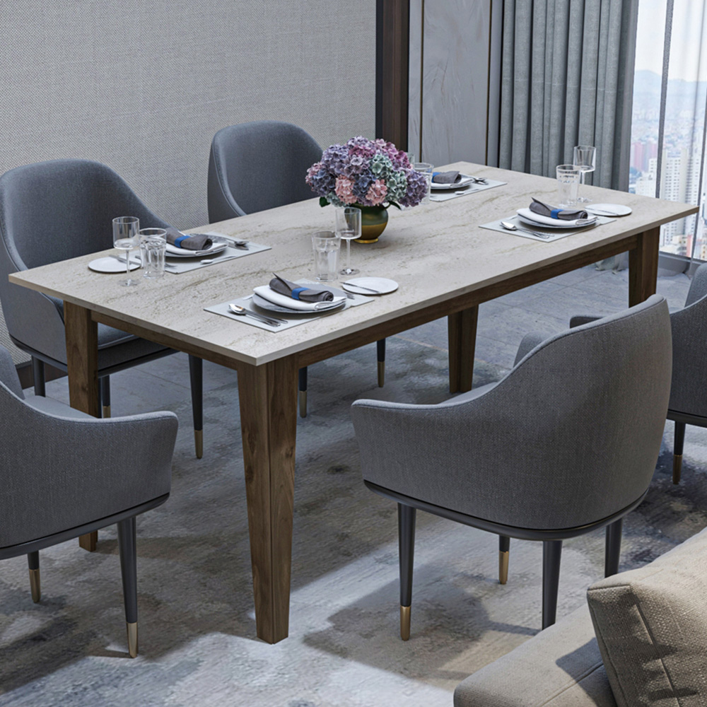 Decorotika Polka 6 Seater Marble Effect Modern Dining Table Walnut Traverter Image 1