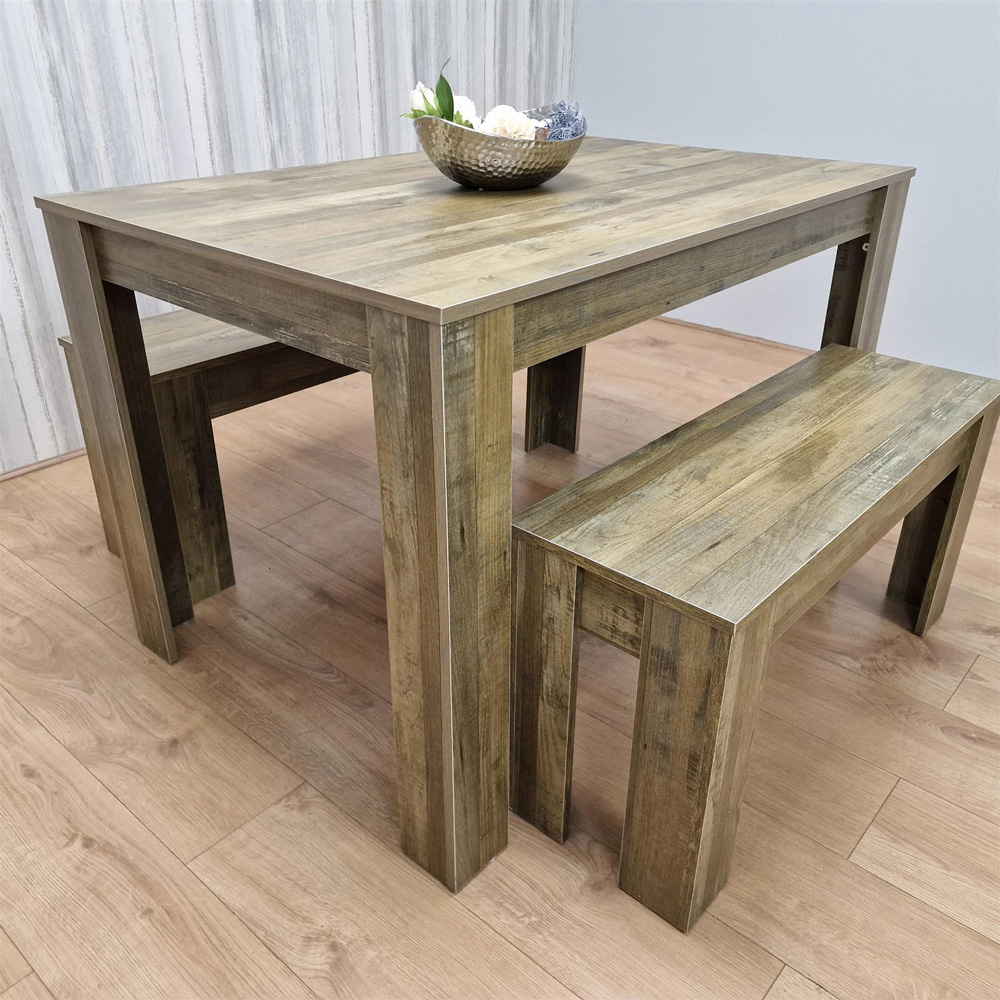 Portland 4 Seater Rustic Effect Dining Table Set with Benches Image 7