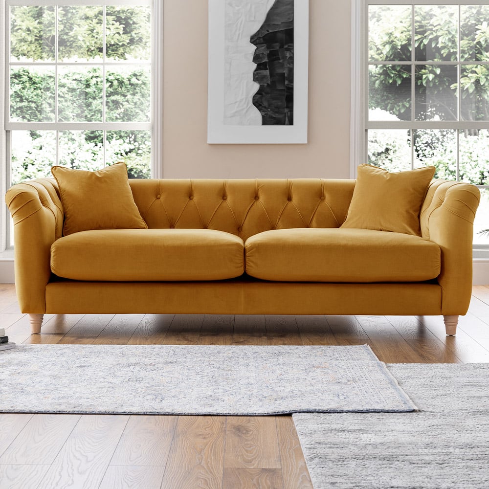 3 Seater Ochre Velvet Large Sofa Image 1