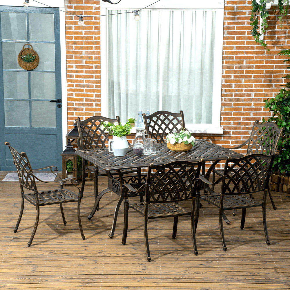Outsunny 6 Seater Garden Dining Set with Parasol Hole Bronze Image 1