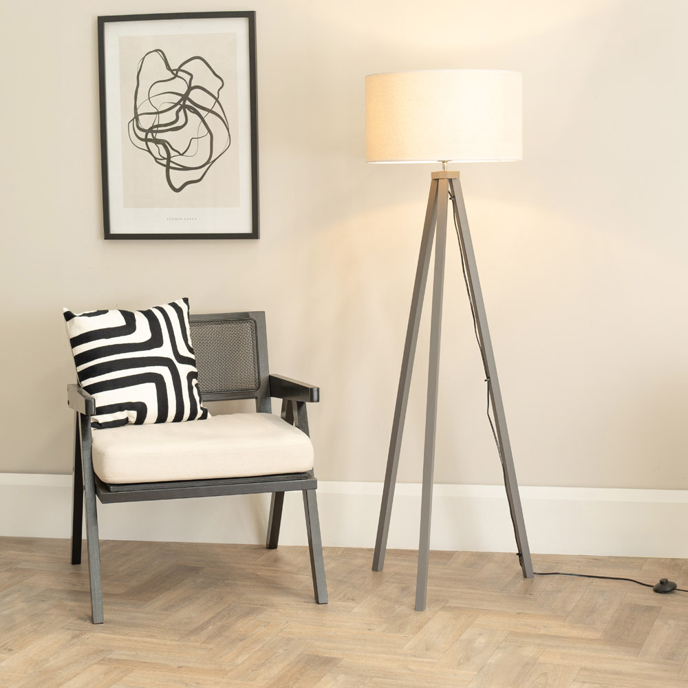 ValueLights Barbro White Trim Drum Shade Grey Tripod Floor Lamp and Bulb Image 2
