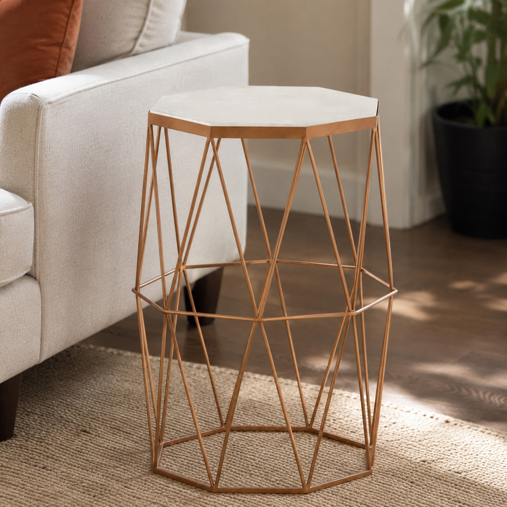 Premier Housewares Shalimar Gold Octagonal Marble Side Table Image 3